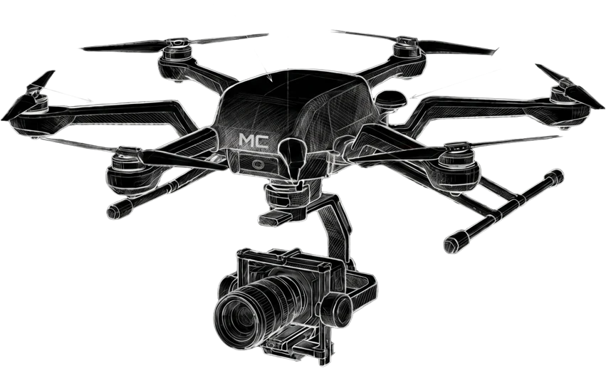 Technical line-art sketch of an uncrewed aerial system with a gimballed camera payload